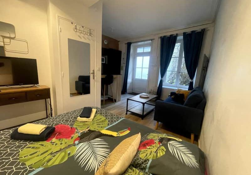 Espace de vie cosy et lumineux Studio avec lit double, canapé, table basse et lumière naturelle.