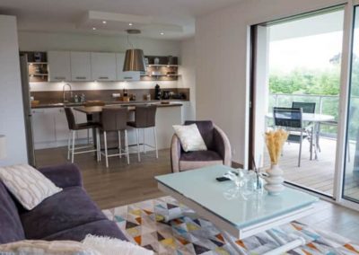 Salon moderne avec coin cuisine et terrasse extérieure